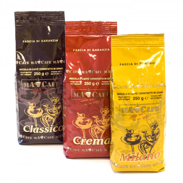 Macafe Triple: Caffe Crema, Espresso Classico & Espresso Milano Ganze Bohne je 250g